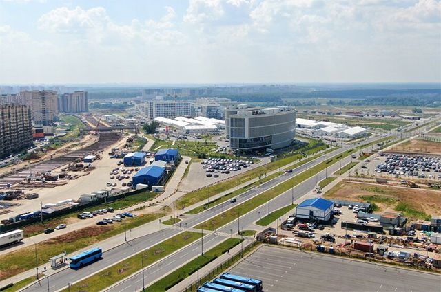 Вид с квадрокоптера на территорию административно-делового центра «Коммунарка» в ТиНАО.