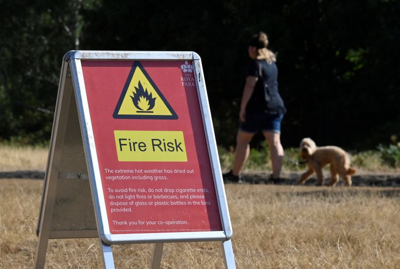 Предупреждающий знак о высоком риске пожаров в Ричмонд-парке в Лондоне