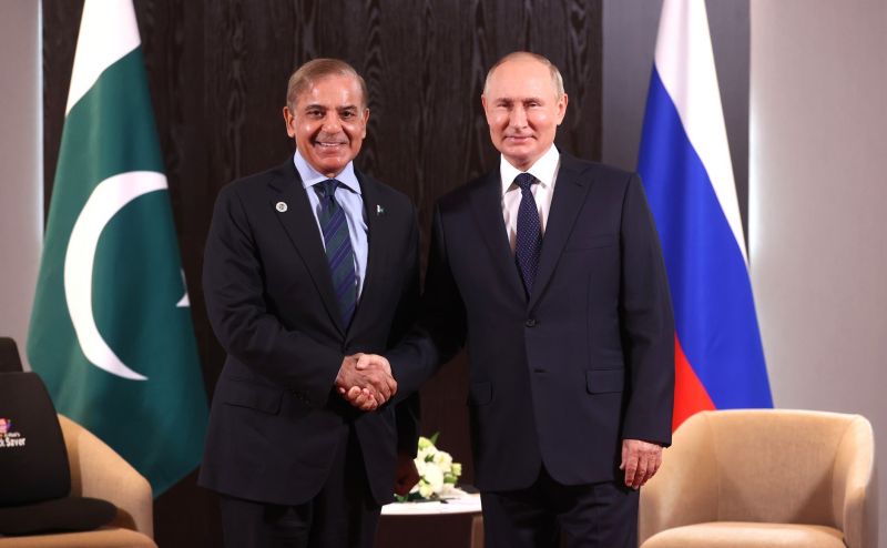Президент РФ Владимир Путин и премьер-министр Пакистана Шахбаз Шариф (справа налево) во время встречи в рамках заседания Совета глав государств - членов Шанхайской организации сотрудничества (ШОС) 