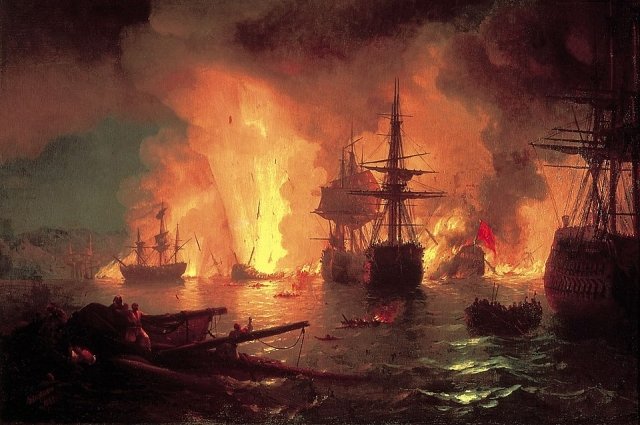 Чесменское сражение между русским и турецким флотом 1770 года. И. Айвазовский. 1848.