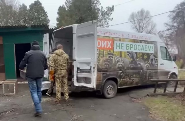 Машина, на которой прибыла крымская команда, украшена изображением енотов, над которыми — лозунг «Своих не бросаем».