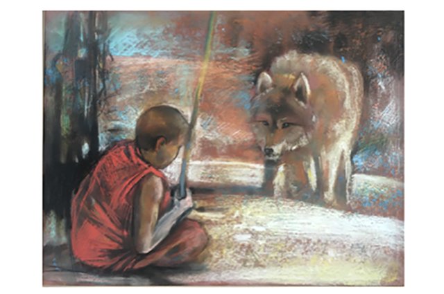 Картина «Двое» иллюстрирует своеобразный союз буддистской религии и сил природы. 