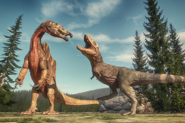 Схватка спинозавра и тиранозавра в долине юрского периода. 3d иллюстрация рендеринга. 
