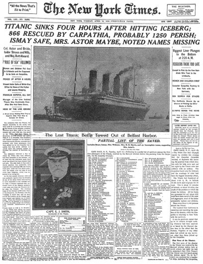 Выпуск «New York Times» от 16 апреля 1912 с первым списком спасшихся.
