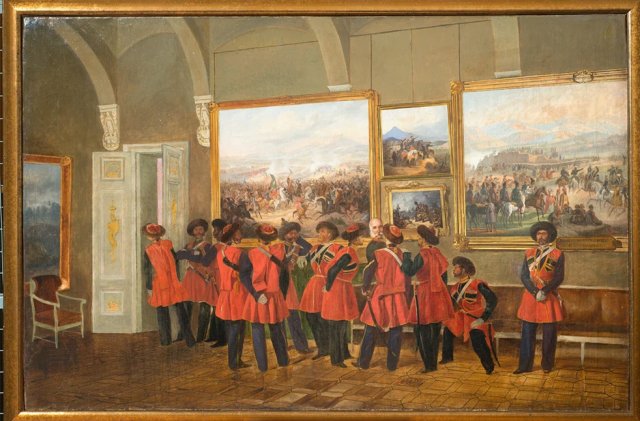 Его Величества Казачий конвой на экскурсии в караульне (гауптвахте) старой Военной галерее Зимнего дворца.