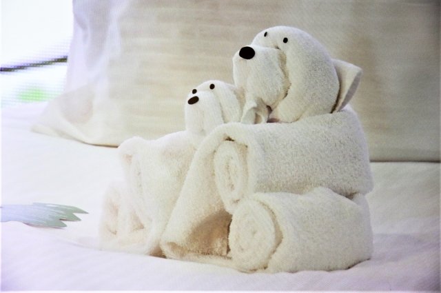 Медведица с медвежонком из полотенец в гостиничном номере.