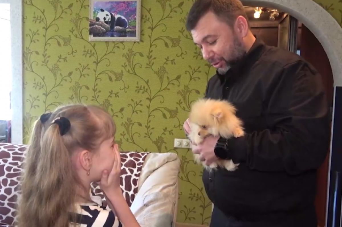 Пушилин передал девочке Ире из ДНР щенка, подаренного ей Путиным