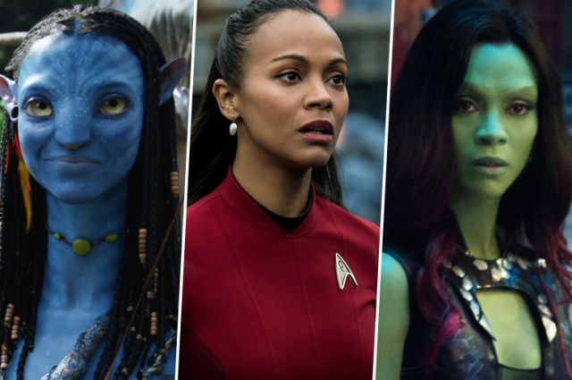 Слева — Нейтири, синяя инопланетянка из «Аватара», в центре — Ухура из «Стартрека», справа — Гамора из «Стражей Галактики». 