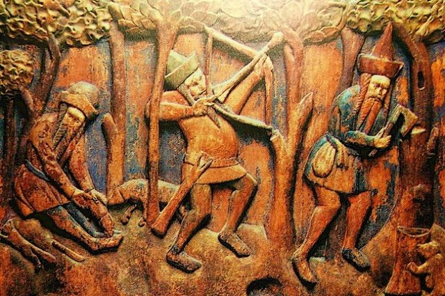 Охота и бортничество в новгородских лесах. Резные панели храма св. Николая в Штральзунде, Германия, 1360 год.