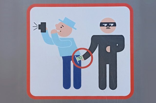 Предупреждающий туристов плакат в Петергофе, призывающий их быть внимательными.