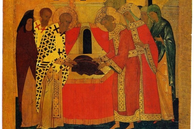 Положение Ризы Богоматери. Храмовая икона церкви Ризоположения из села Бородава Вологодской области. Мастерская Дионисия, 1485 год, Кирилло-Белозерский музей.