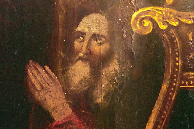 Фрагмент иконы Троицы из Лютикова монастыря с изображением Б.М. Хитрово (фото 1997 г.)