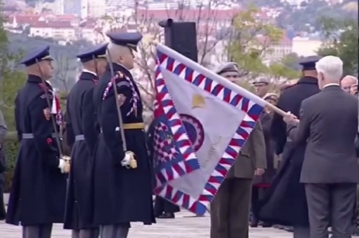 Президент Чехии не удержал знамя и сбил фуражку с головы военного