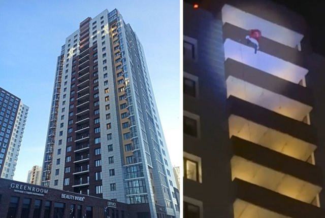 Мужчина в костюме Деда Мороза сорвался с верхнего этажа высотного дома в элитном ЖК.
