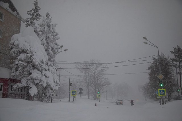 В Южно-Сахалинске сильный снег, метель, максимальная температура -7…-9°С.