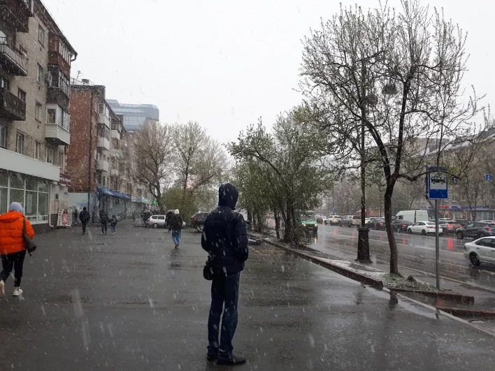 Улица Республики. Начало снегопада в Тюмени 3 мая 2024 года.