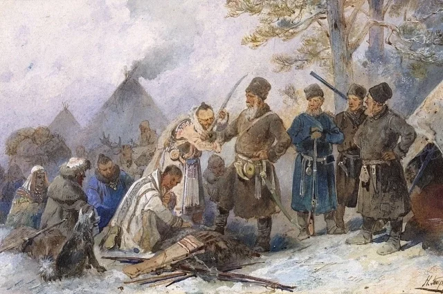 Подведение сибирских инородцев под высокую Царскую руку. Худ. Н.Н. Каразин.