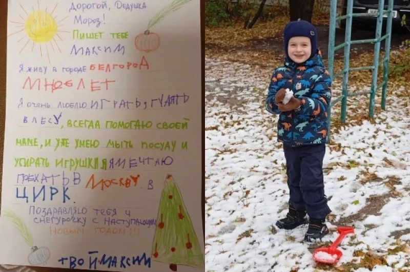 Дорогой Дедушка Мороз! Пишет тебе Максим. Я живу в городе Белгород, мне 6 лет. Я очень люблю играть, гулять в лесу, всегда помогаю своей маме и уже умею мыть посуду и убирать игрушки. Я мечтаю поехать в Москву в цирк. Поздравляю тебя и Снегурочку с наступающим Новым годом!