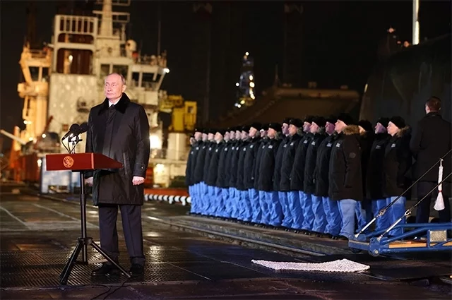 27 марта 2025. Президент РФ Владимир Путин в режиме видеоконференции участвует в церемонии торжественного спуска на воду нового атомного подводного крейсера «Пермь».