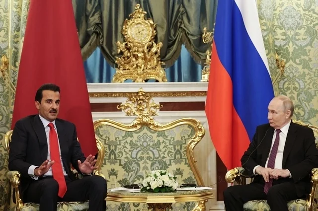 17 апреля 2025. Президент РФ Владимир Путин и эмир Катара Тамим бен Хамад Аль Тани (слева) во время встречи в Москве.