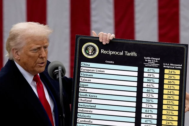 Дональд Трамп выступает с речью о тарифах в Вашингтоне.