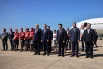 Посол РФ в КНДР Александр Мацегора, министр природных ресурсов и экологии РФ Александр Козлов и министр внешне-экономических дел КНДР Юн Чжон Хо (слева направо на первом плане) на торжественной церемонии в честь прибытия первого прямого авиарейса из Москвы в Пхеньян.