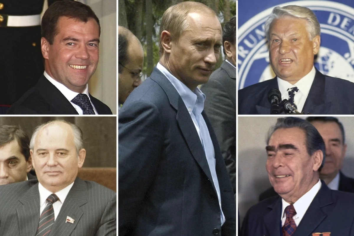 Дмитрий Медведев, Михаил Горбачев, Владимир Путин, Борис Ельцин и Леонид Брежнев.