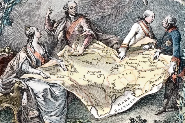 Аллегорическое изображение первого раздела Польши в 1772 году с изображением Екатерины II и Понятовского (слева), Иосифа II Австрийского и Фридриха Великого Прусского (справа). Гравюра Ноэля Ле Мира.