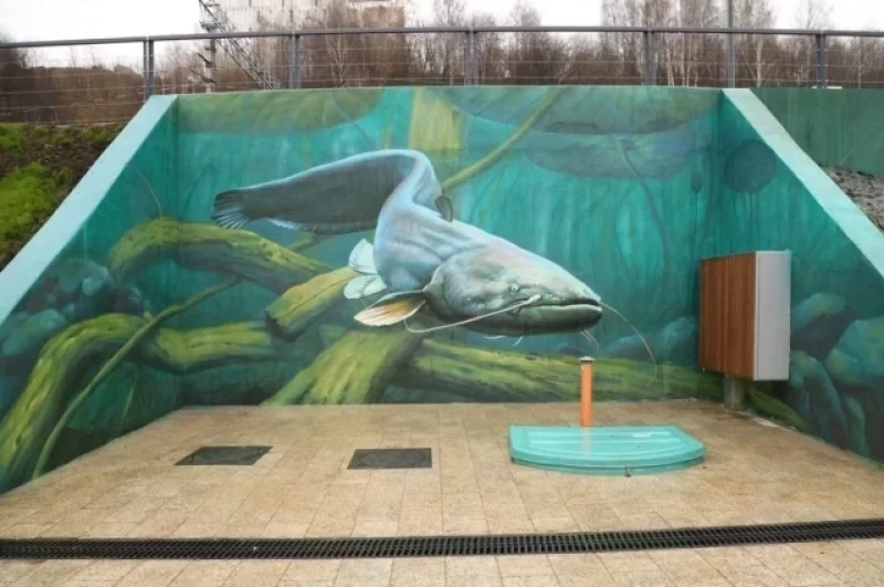 На подпорных стенках вдоль набережной изображены рыбы, которые водятся в Каме.