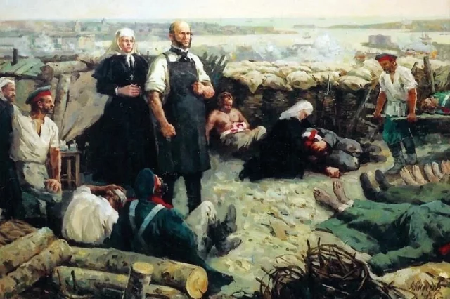 Николай Пирогов на передовом перевязочном пункте Севастополя.  Картина Алексея Сидорова из музея Н. И. Пирогова.