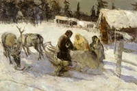 Владимир Игошев выезжал на стойбища и знакомился с героями будущих картин. «У таёжной избушки» — результат таких поездок.