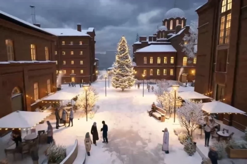 ...и будет восстановлена визуальная связь между храмом Святого Александра Невского и зданием учебно-производственных мастерских вдоль центрального променада между крестообразными корпусами.