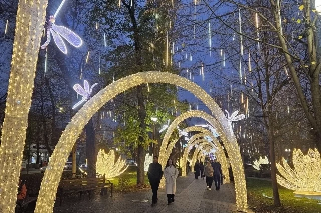 Новогоднее настроение гостям и жителям Краснодара уже создают многочисленные украшения на центральных улицах. На фото Александровский бульвар.