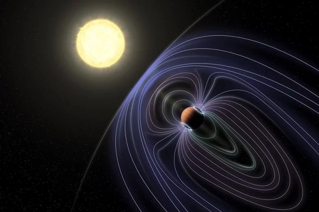 Поток заряженных частиц от Солнца взаимодействует с магнитосферой Земли