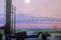 На картине – запуск ракеты на полигоне.