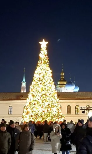 «Золотая» ёлка на фоне башни Сююмбике и Благовещенского собора. 