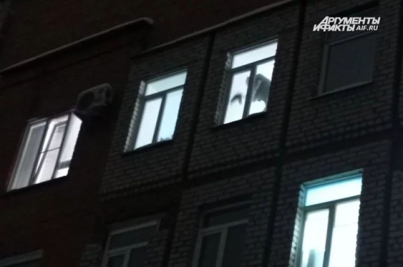 В первом горели лишь 1/3 окон, в одном из которых было видно уборщицу. 