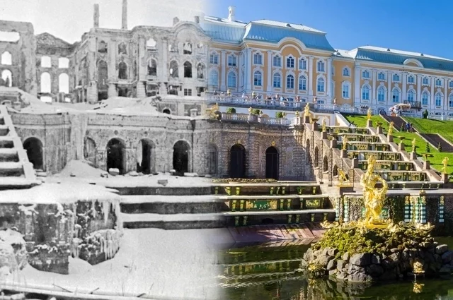 Большой каскад в Петергофе после обстрелов и в наши дни. 