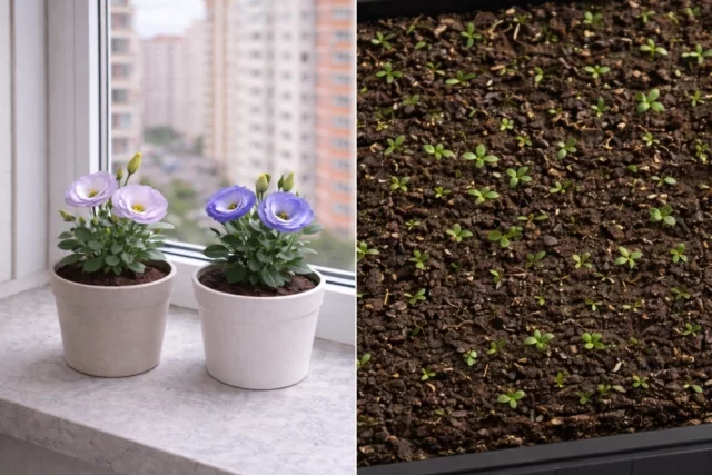Эустома цвветет в комнате на подоконнике; всходы эустомы появляются неравномерно и развиваются медленно.