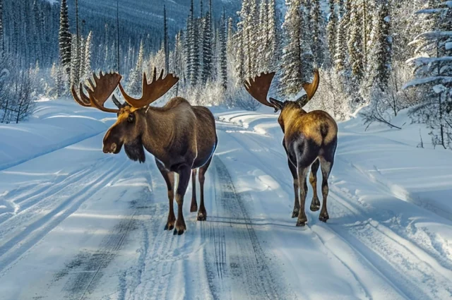 В свете фонарей, среди незнакомых звуков — лось в дичайшем стрессе.