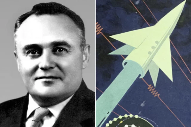 Сергей Павлович Королёв — советский учёный, конструктор ракетно-космических систем, один из основателей практической космонавтики; Серия советских плакатов «Покорение Космоса».