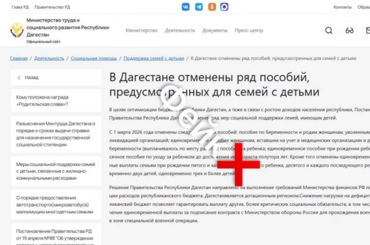 ЦУР Дагестана назвал фейком сообщения об отмене детских пособий с 1 марта