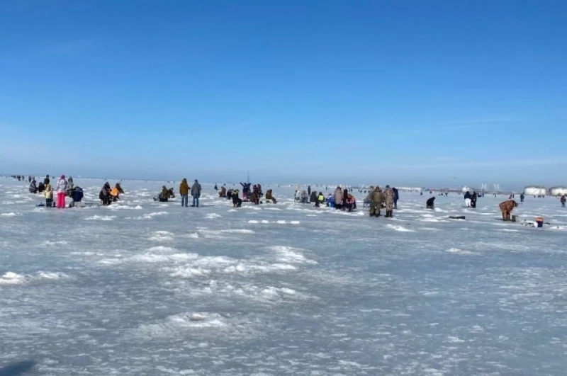 Рыбаки на льду Финского залива у Балтийской Жемчужины.