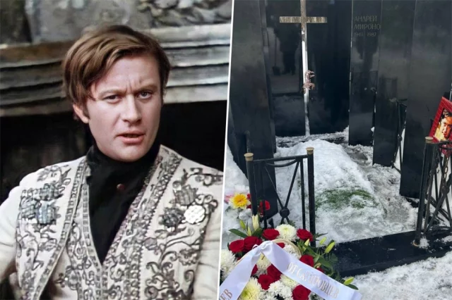 Андрей Миронов в роли Фигаро и его могила на Ваганьковском кладбище. 