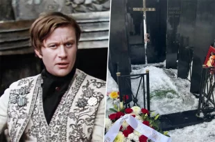 Андрей Миронов в роли Фигаро и его могила на Ваганьковском кладбище. 