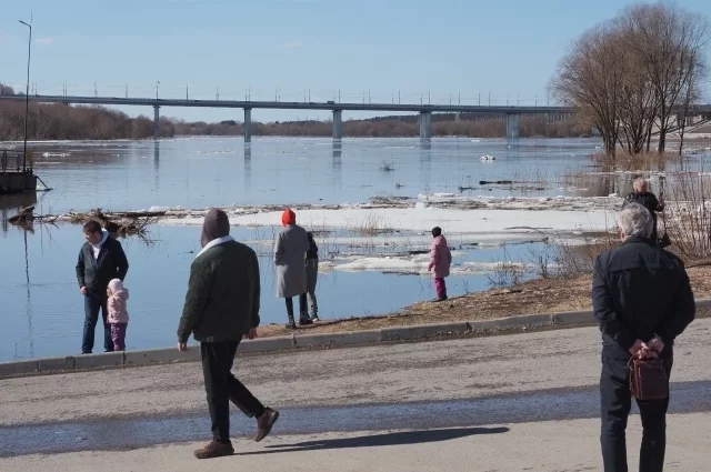 Калужане обычно наблюдают разливы Оки с Воробьёвской переправы.