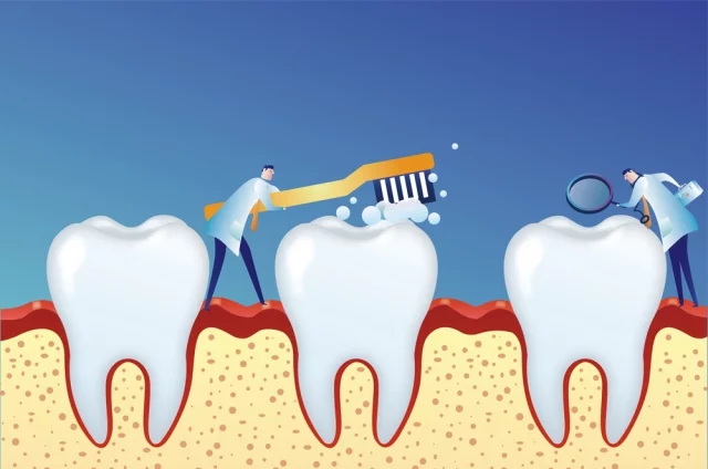 Здоровая десна имеет бледно-розовый цвет и плотную структуру. 
