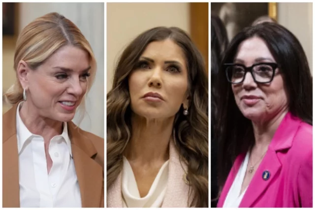 Слева направо: генеральный прокурор США Пэм Бонди. министр внутренней безопасности Кристи Ноэм, министр труда Лори Чавес-Деремер.