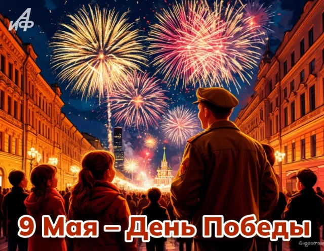 картинка с 9 мая День Победы с салютом и надписью