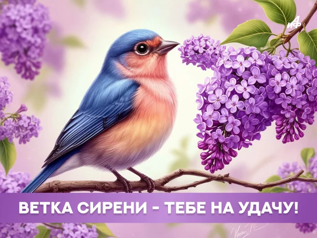 Красивая открытка с цветущей сиренью и весенними цветами